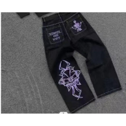 Embroidered Skull Cotton Casual Straight Pants