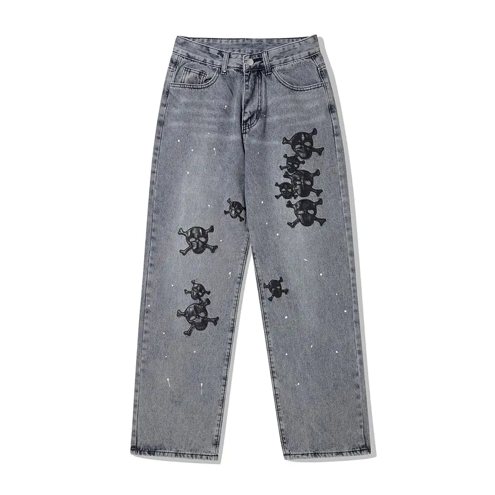 Men's Skull Embroidered Ink Washed Jeans