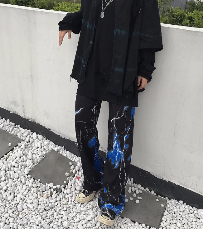 Dark Lightning Wide Leg Pants, Casual Trousers