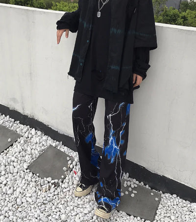 Dark Lightning Wide Leg Pants, Casual Trousers