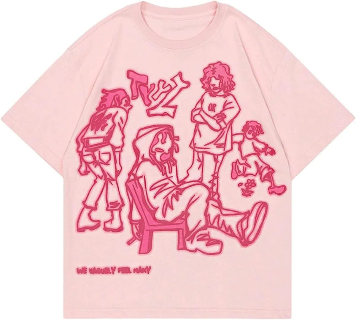 Oversized Graphic Tees Men Vintage Y2K Print Shirts Streetwear Unisex Harajuku T-Shirts Pink XL