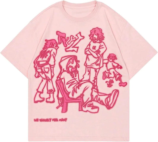 Oversized Graphic Tees Men Vintage Y2K Print Shirts Streetwear Unisex Harajuku T-Shirts Pink XL