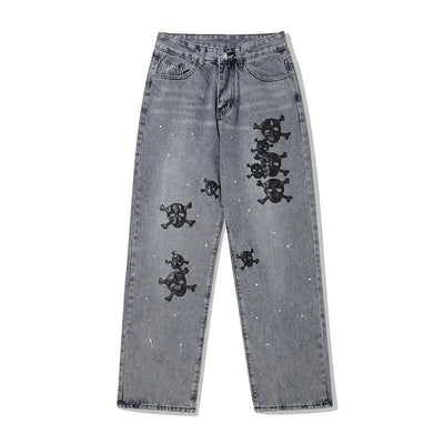 Men's Skull Embroidered Ink Washed Jeans