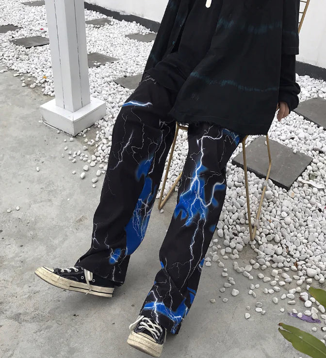 Dark Lightning Wide Leg Pants, Casual Trousers
