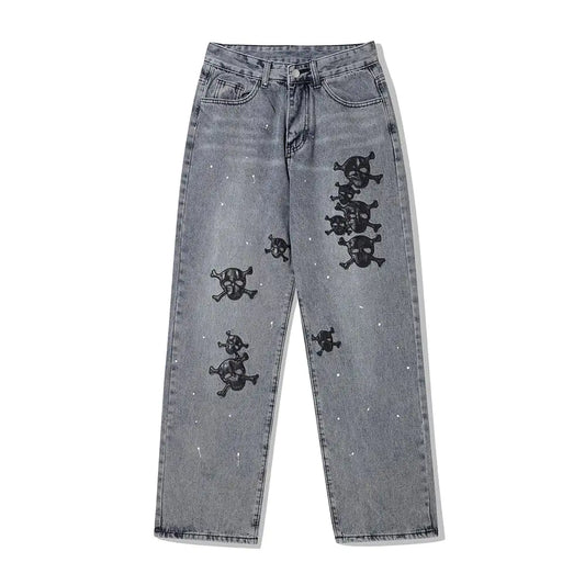 Men's Skull Embroidered Ink Washed Jeans