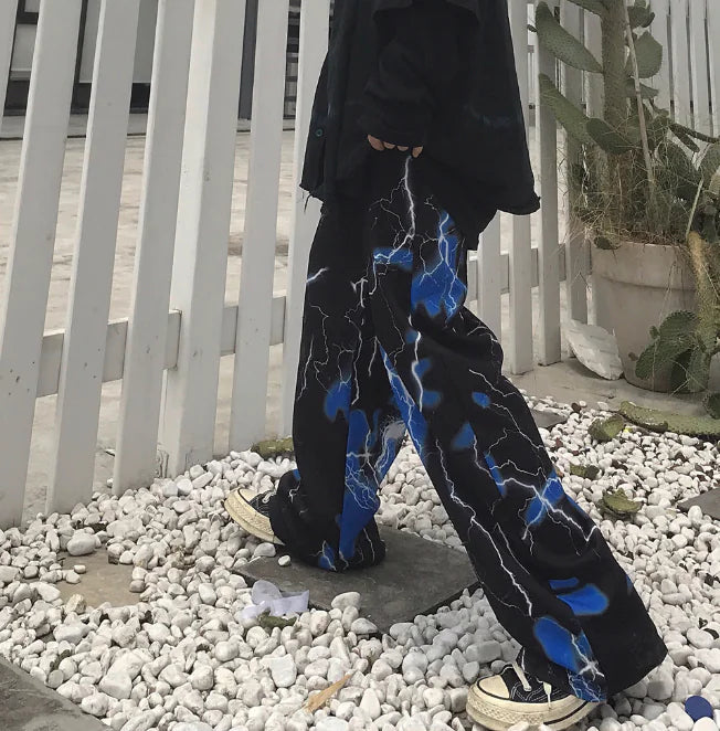 Dark Lightning Wide Leg Pants, Casual Trousers